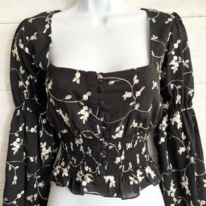 ACOA Black Square Neck Low Cut Floral Embroidered Blouse